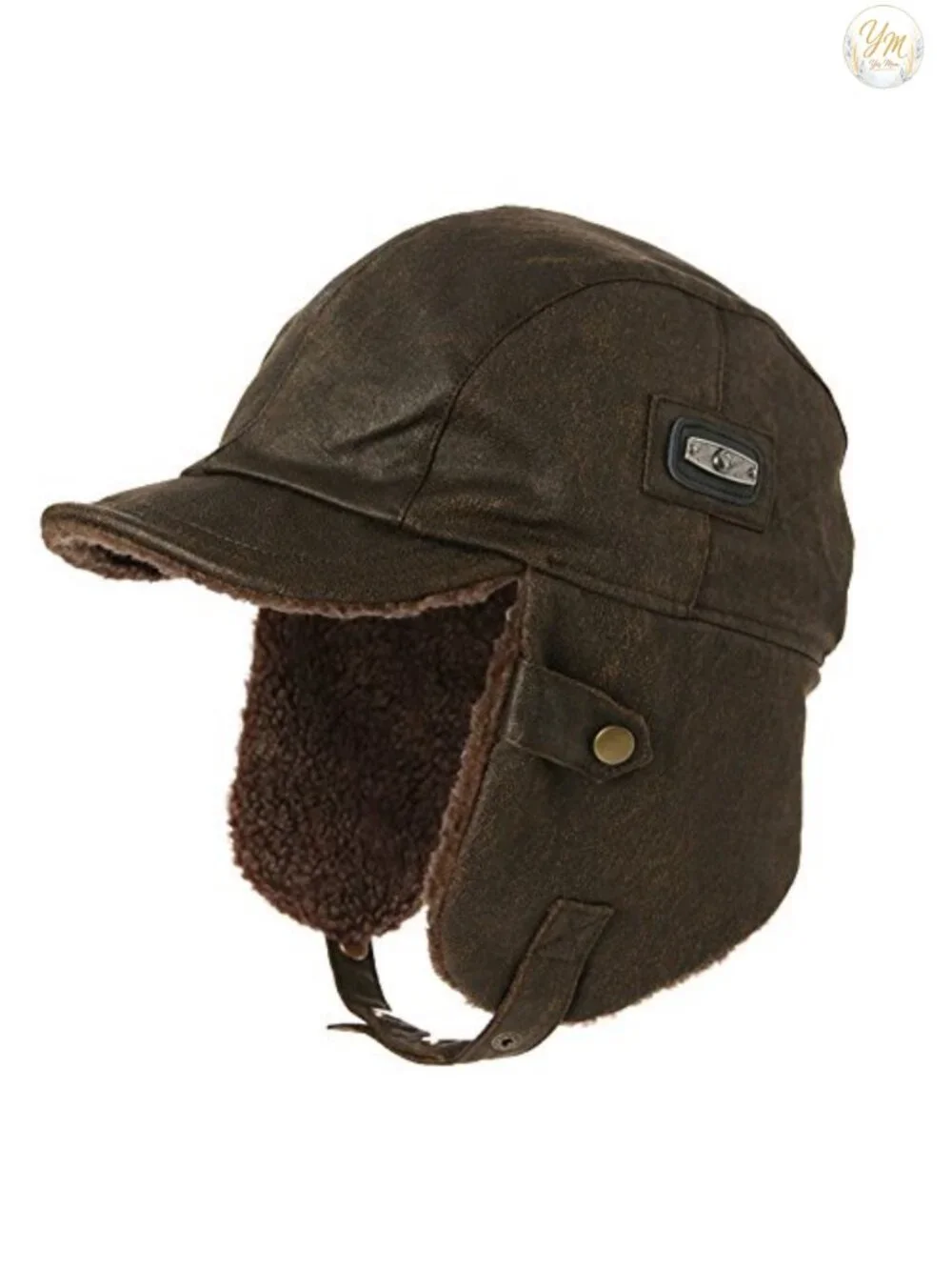 Faux Leather Aviator Hat Trapper Winter Pilot Cap with Fur Lining